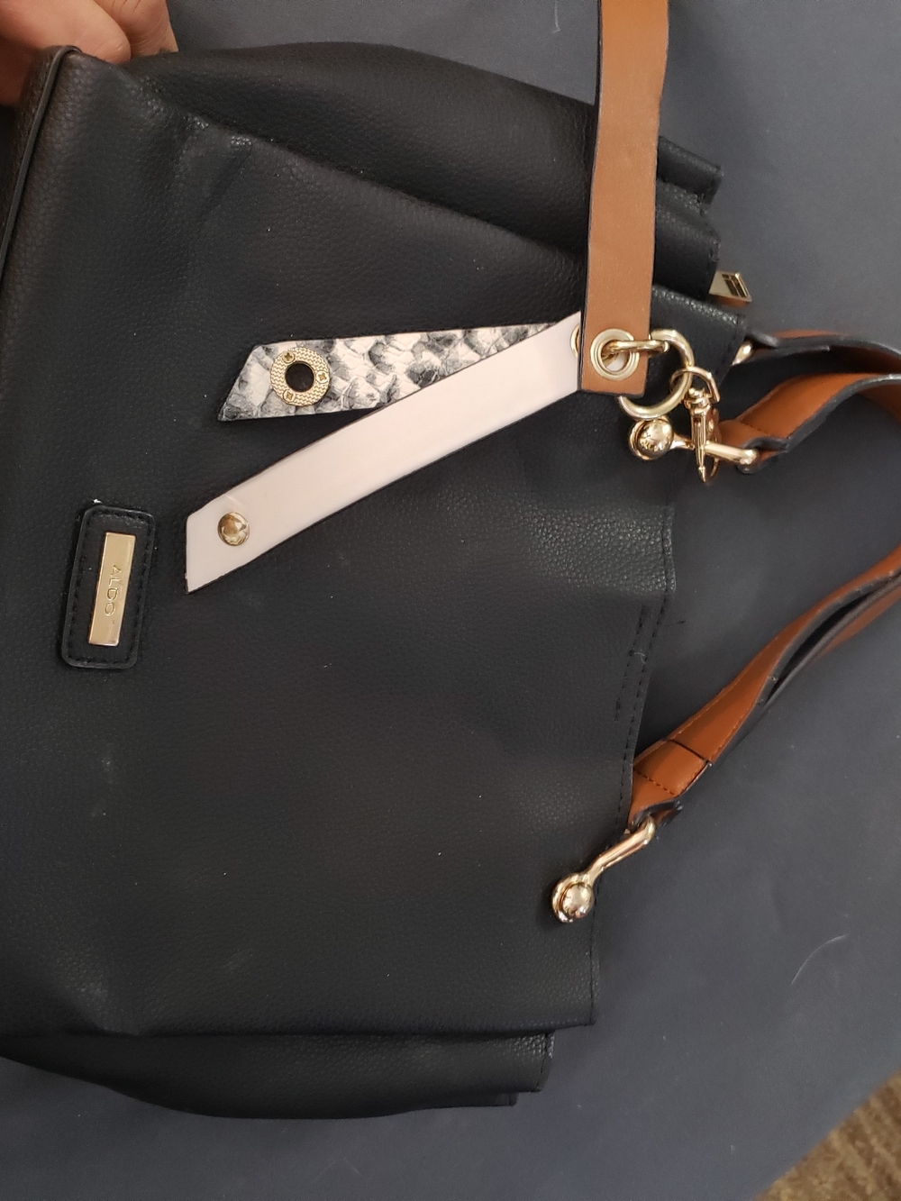 Aldo Black Shoulder Tote with Tan Straps and White/Snakeskin Accents